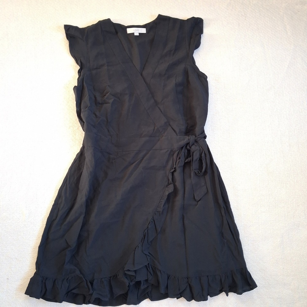 loft wrap romper cap sleeve mini dress black large flirty romantic modern chic